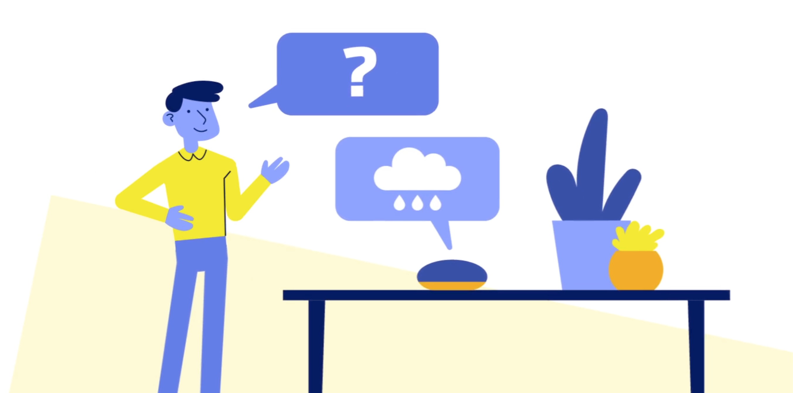 Een kleurrijke cartoon van gebruiker in gesprek met voice assistant over het weer